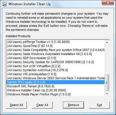 Windows Installer CleanUp - seznam nainstalovaných programů instalační službou