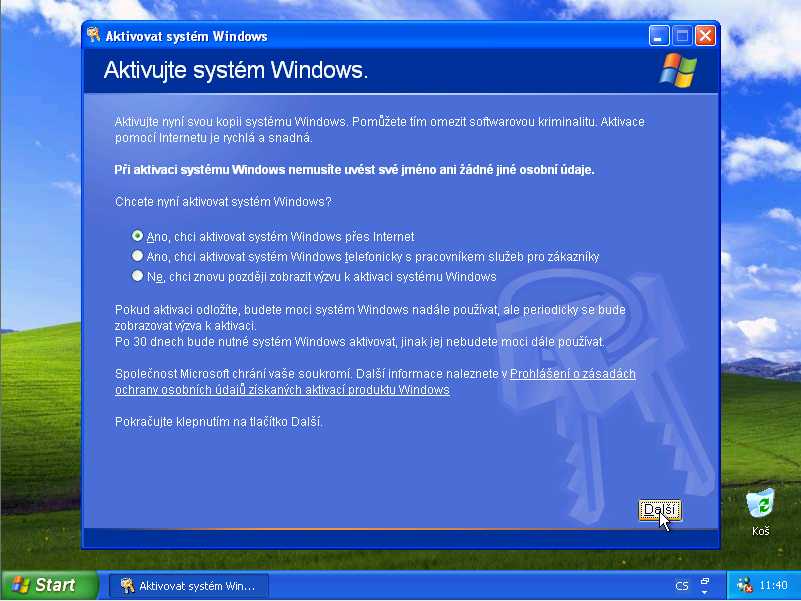 Inštalácia Aktiovať systém Windows XP